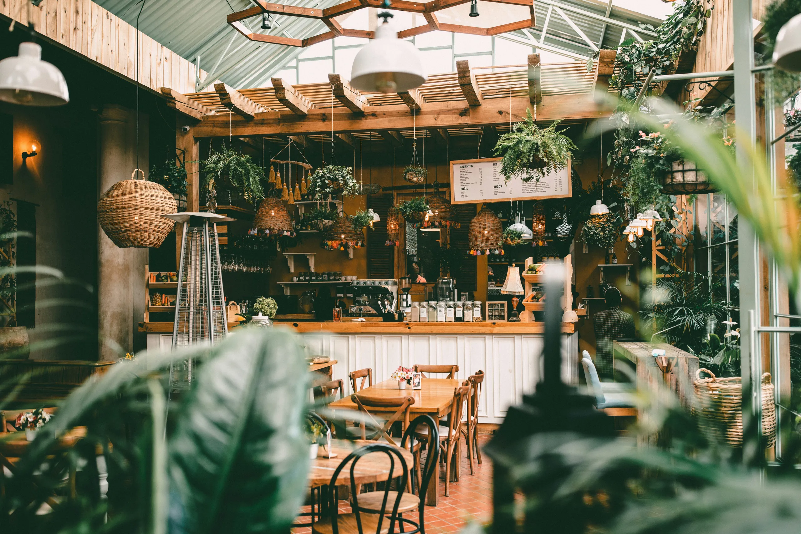 Acogedora cafetería entre plantas en maceta